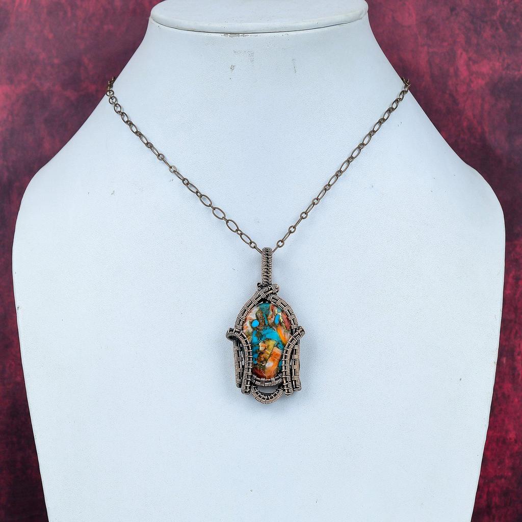 Spiny Oyster Copper Turquoise Pendant Copper Wire Wrapped Gemstone Pendant Handmade Birthstone Pendant Copper Wire Jewelry Gifts for Friend