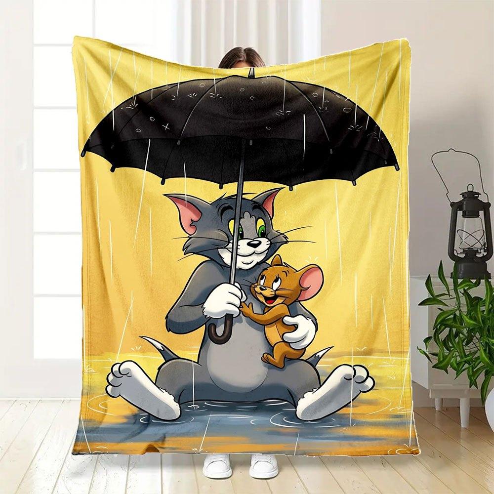 Tom & Jerry Rainy Day Adventure Poster PrintBlanket Flannel Throw Blanket for Sofa, Bed, Travel, Camping, Office