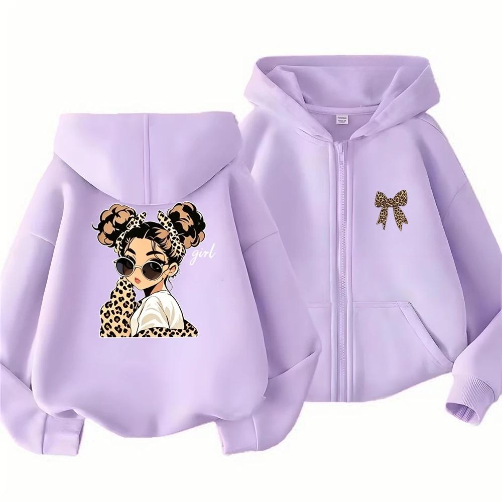 Autumn Children Hoodie Leopard Print Bow Red Girl Tops Zip Up Black Gray Pink Coat Hoodies Kid 3-12 Year Zipper Style