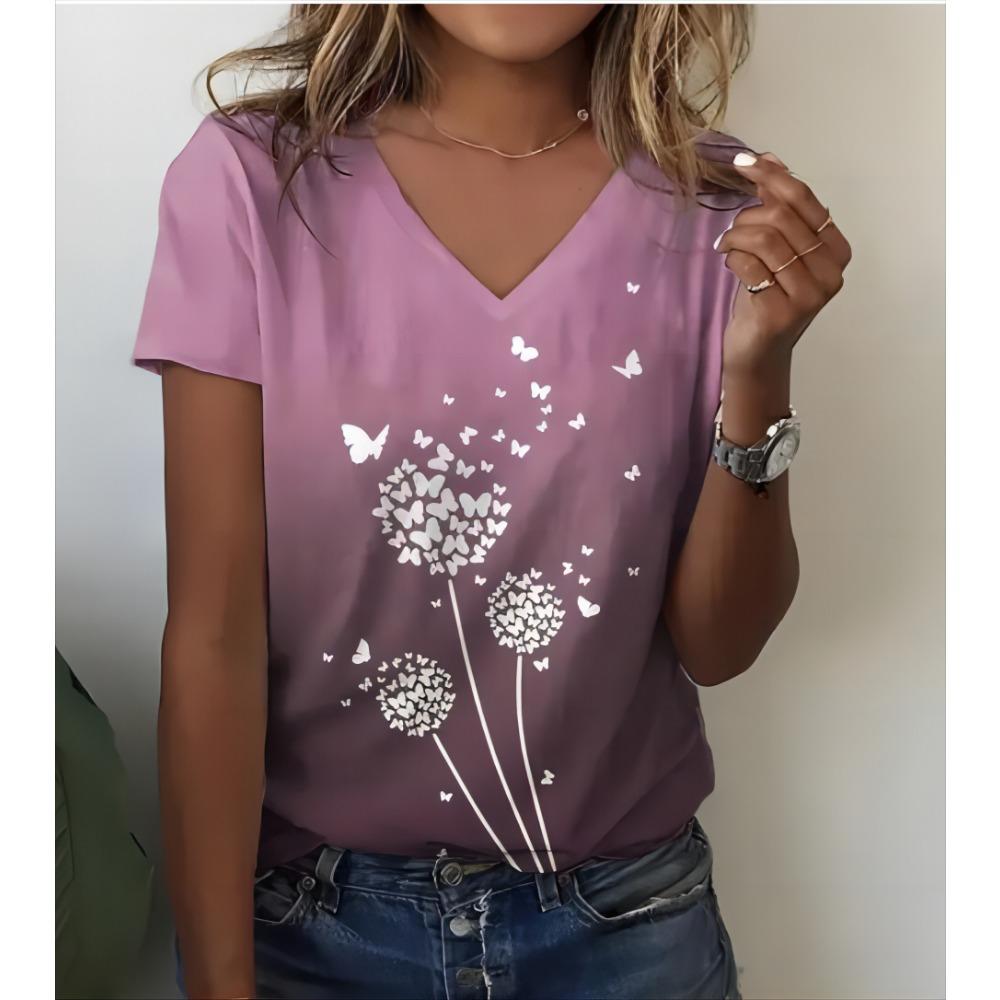 Summer Women V-neck Short sleeved Butterfly 3D Print Top Fashion Large T-shirt Women's Clothing