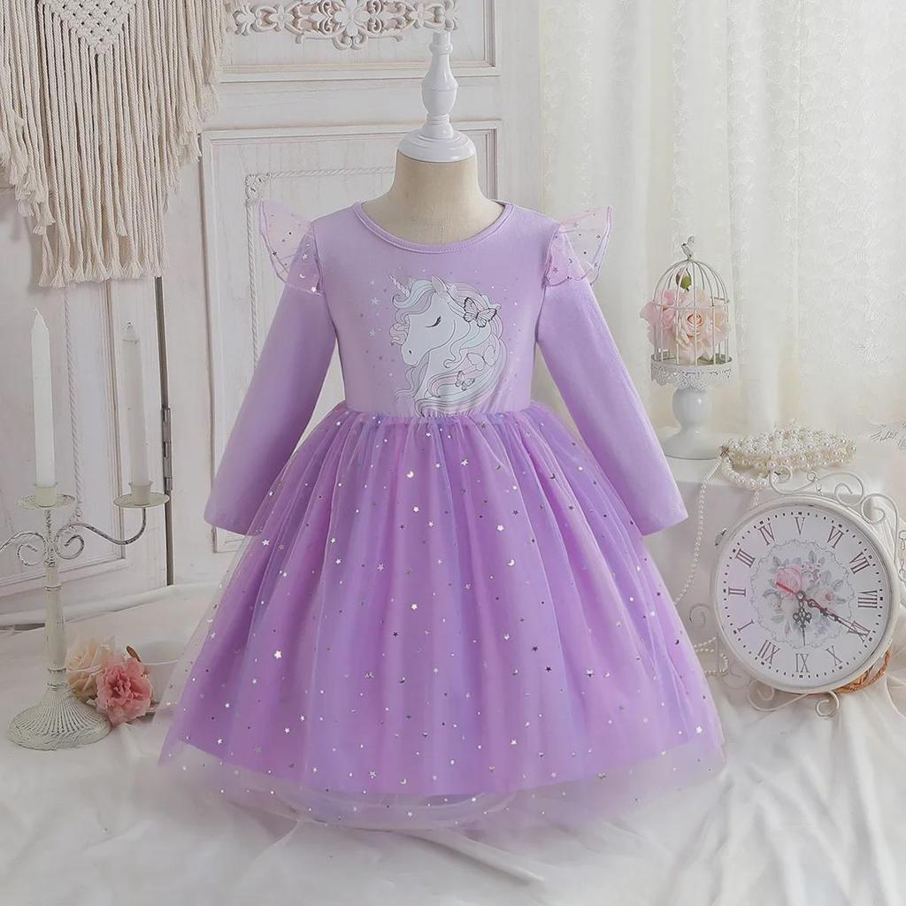 2025 Girls' Unicorn Rainbow Princess Dress: Long Sleeve, Sequined Mesh, Spring/Autumn Birthday Outfit