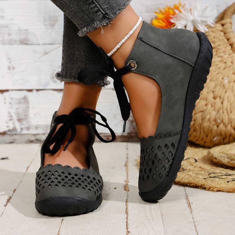 

Retro Plus Size Flats Fall New Round Toe Shallow Mouth Cutout Breathable Front Lace-Up Soft Sole Single 36 темно серый