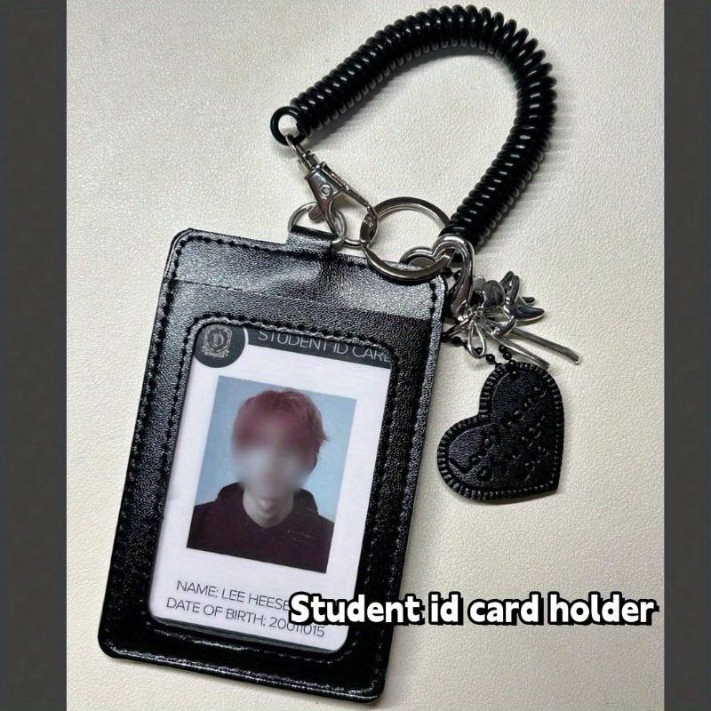 Siyah PU Deri Gümüş Kedi Fiyonk Kolye Fotoğraf Kartı Tutucu Öğrenci Kampüs Kartı Kimlik Kartı Tutucu Kpop