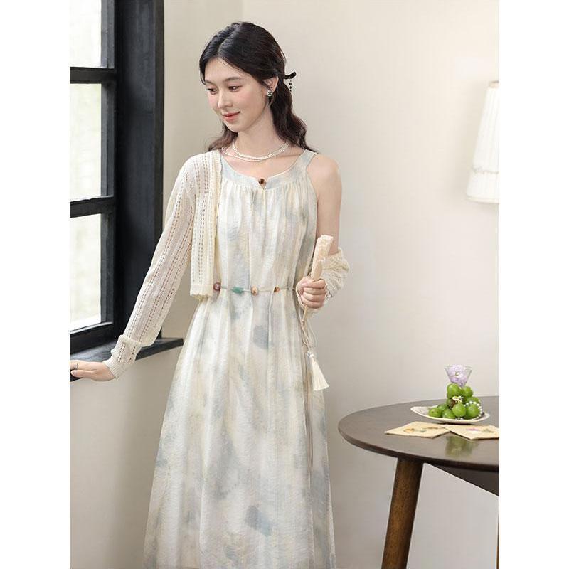 Plus Size Women's Chinese Ink Wash Dress & Sun Protection Cardigan Set