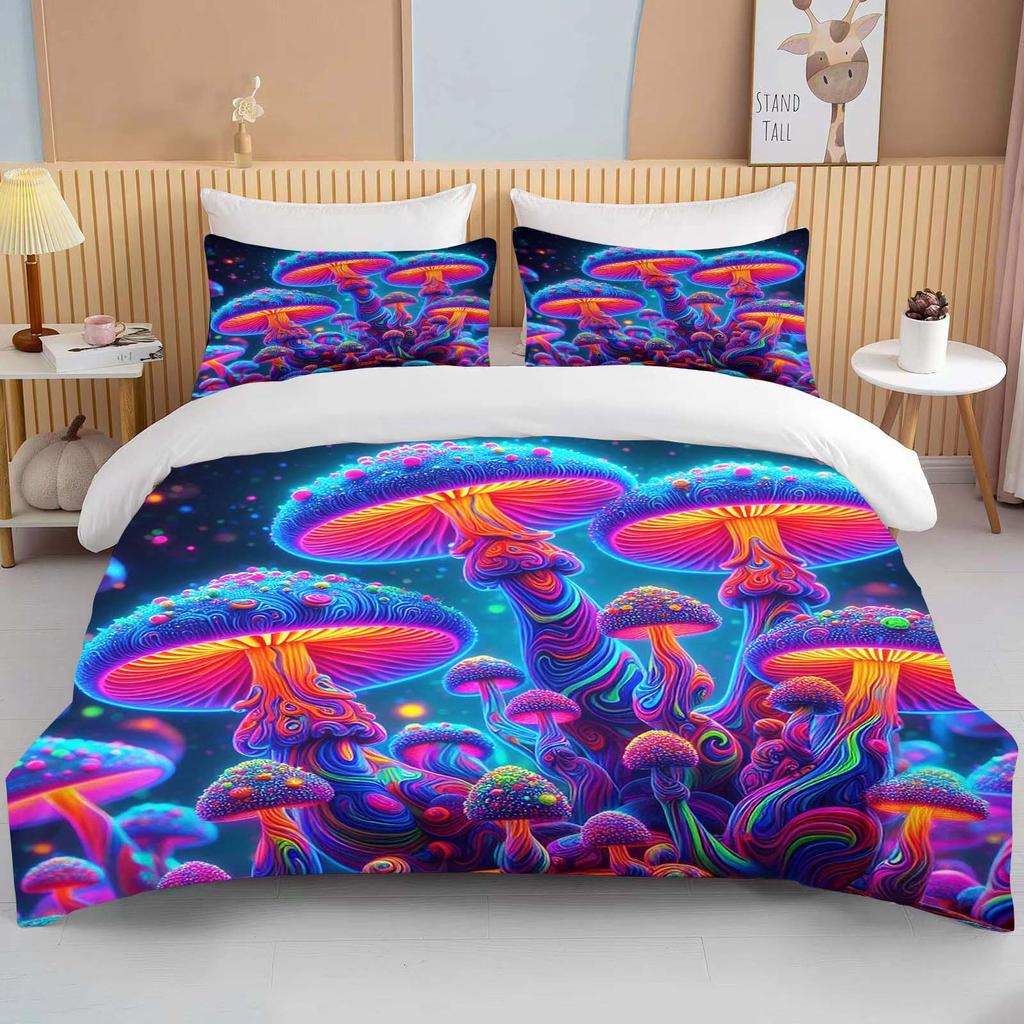 Super Vibrant Neon Psychedelic Mushrooms Print Bedding Set 3PC 1 Duvet Cover 2 Pillowcases Adult and Children Bedding Set Luxury