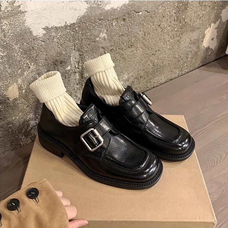 The Same Style, Square Head Buckle with Thick Heel, Lazy Leather Single Shoes, British One-pedal Thick-soled Heightening Loafers.
