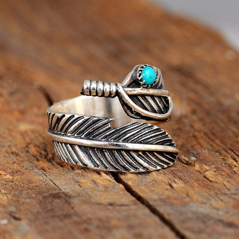 Independent Station Turquoise Ring Fashion Vintage Feather Thai Silver Opening Men's and Women's Rings Spot