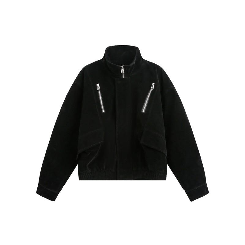Unisex Suede Fleece Lined Stand Collar Zipper Jacket Streetwear Short Cropped Outerwear Fall