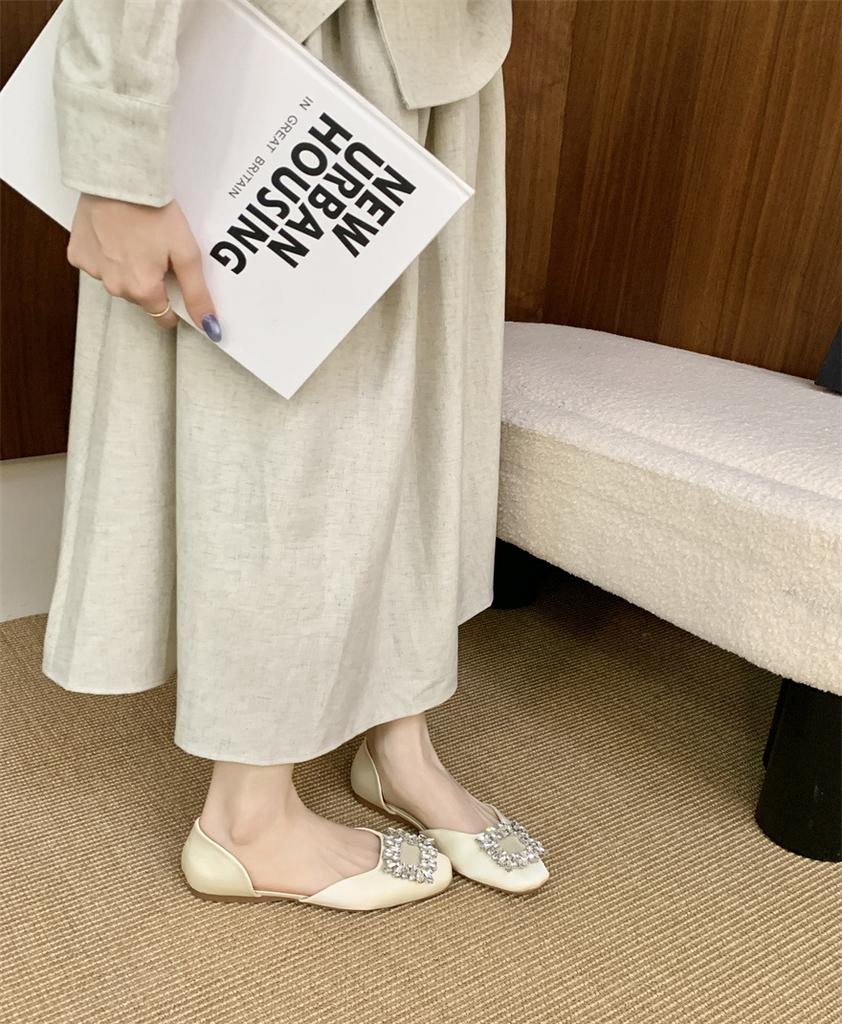 Shoes women's spring summer new low-heeled square buckle rhinestone French casual square head hollow flat bottom evening single shoes