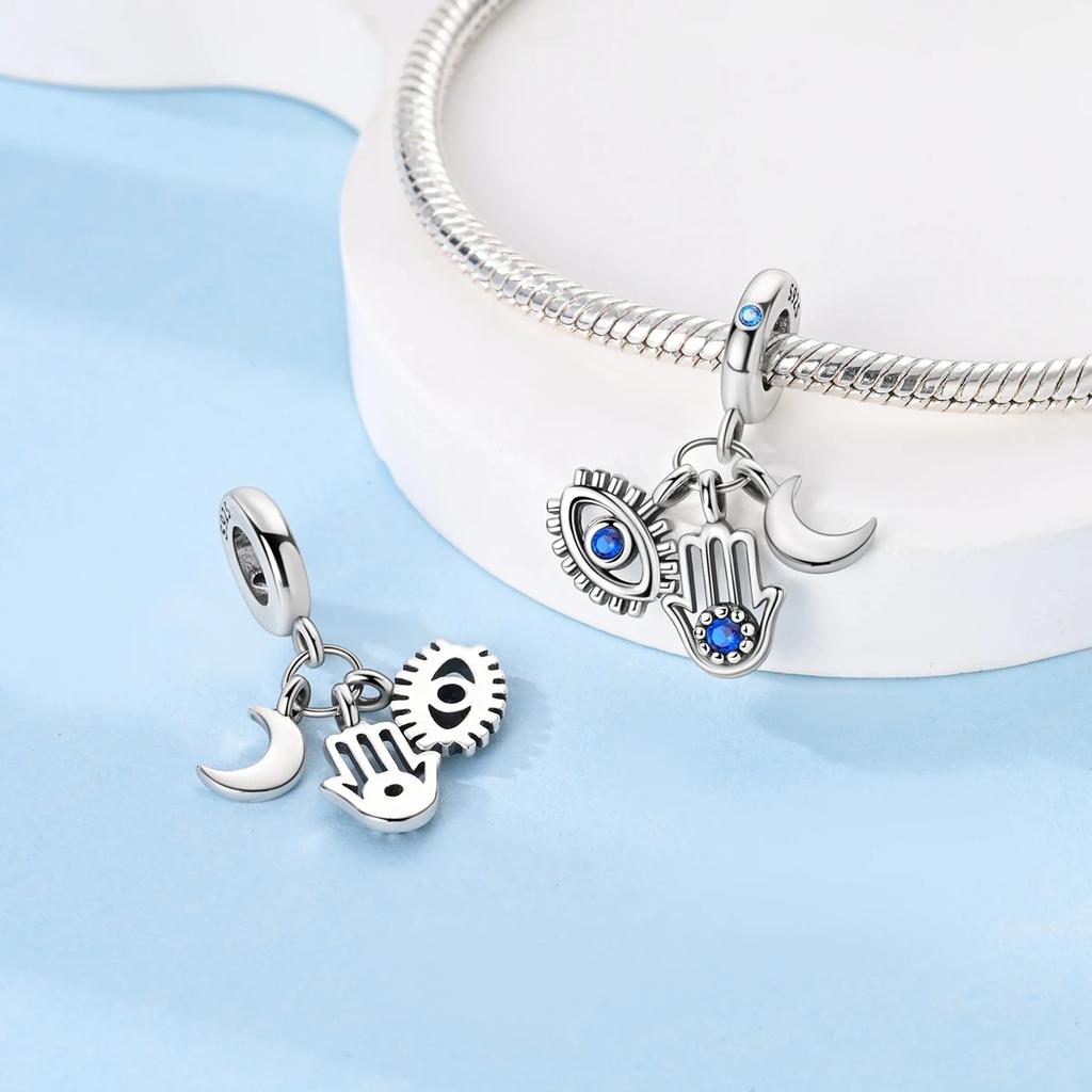 Charm Bead Components Shiny Zircon Blue Devil's Eye and Fatisha's Hand Bead Components Copper Metal Pendant Bead Component Compatible With Do It