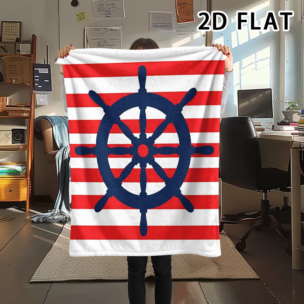 1Pc 2D FLAT Red Stripe Marine Print Flannel Blanket,High quality Comfortable for All Seasons,Home Decor,Warmth and Comfort,Perfect for Christmas Gifts
