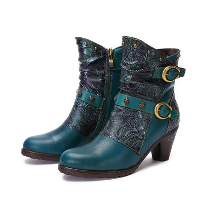 Echtes Leder High Heel Stiefel Damen Schuhe Retro Handgemacht Geprägt Mode Reißverschluss Winter Kurze Stiefel