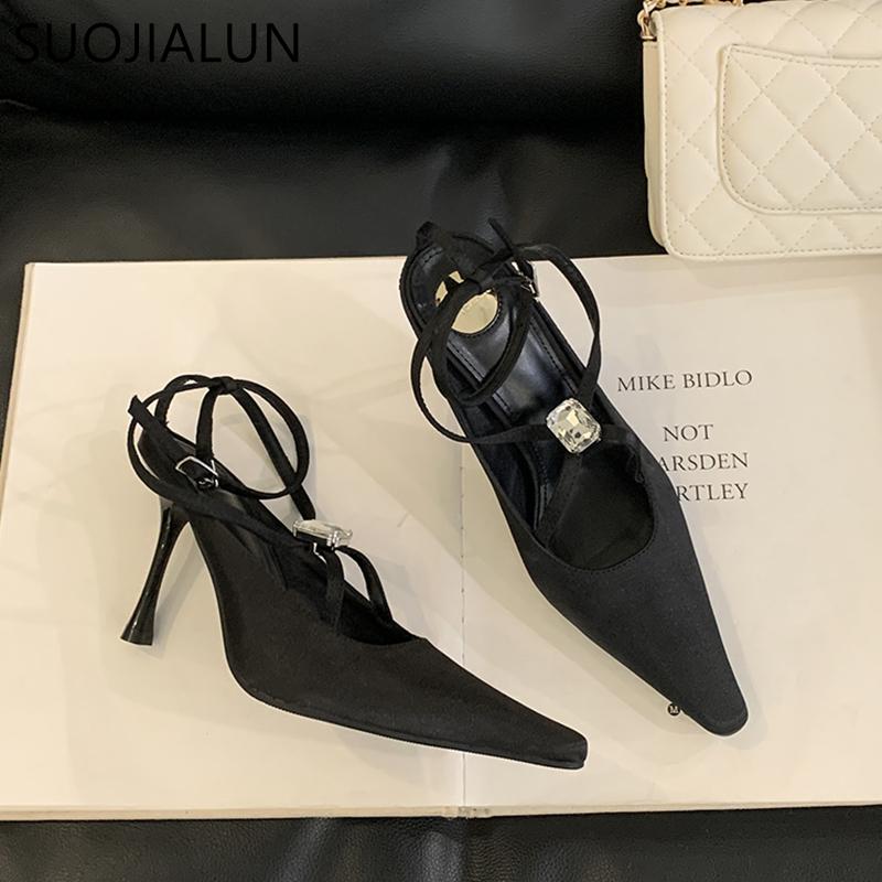 Fashion SUOJIALUN 2025 New Brand Women Sandal Fashion Big Crystal Ladies Elegant Slingback Shoes Thin High Heel Pointed Toe Dress Pumps