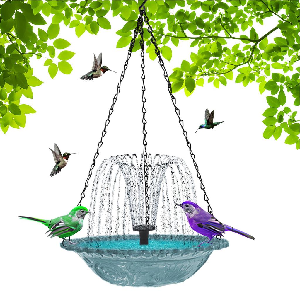 Solar Powered Hanging Bird Bath with Fountain Pump Multifunctional Bird Bath Basin Feeder and Drinker for Nature Lovers