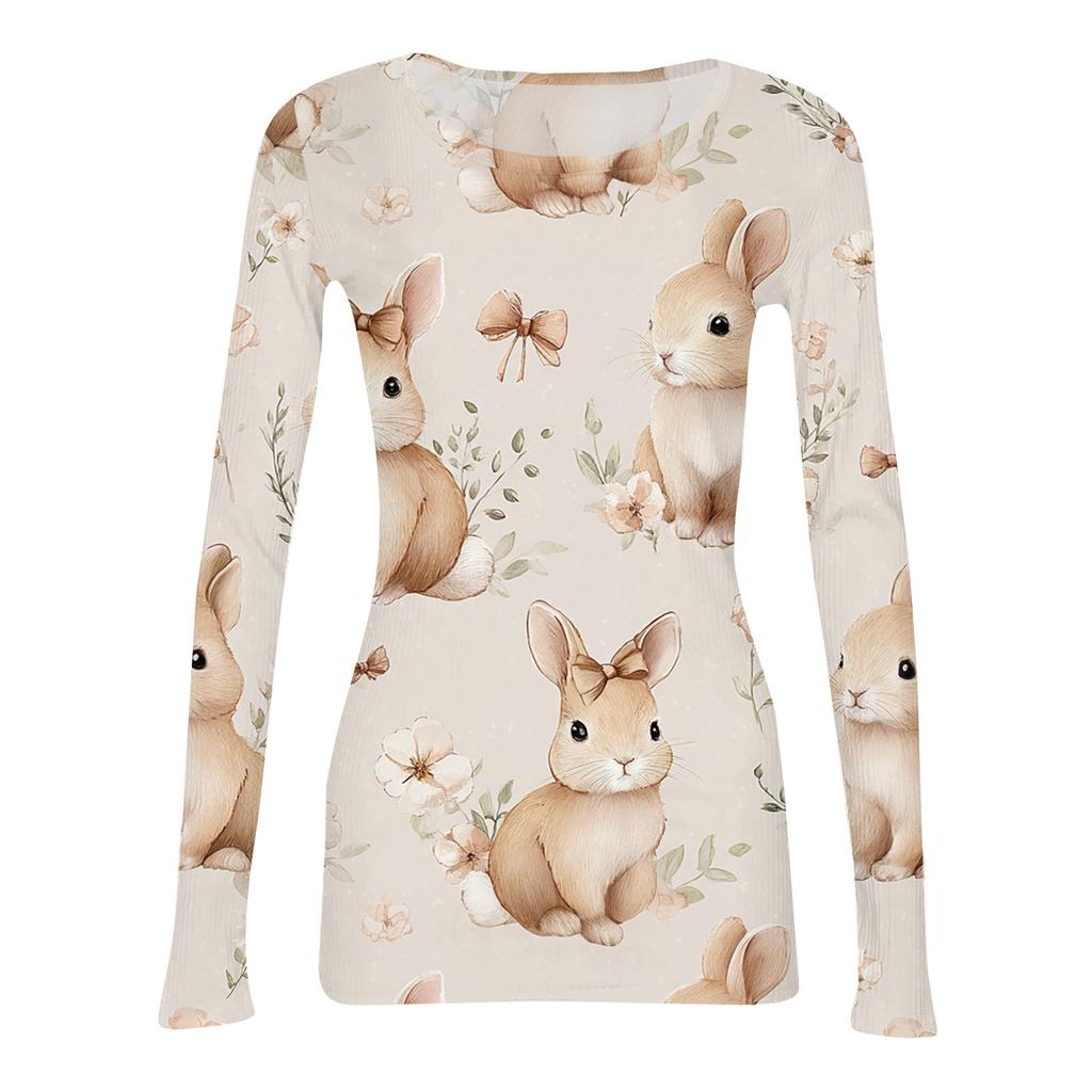 Women's Casual Fashion Round Neck Easter Print Long Sleeve Strip Top