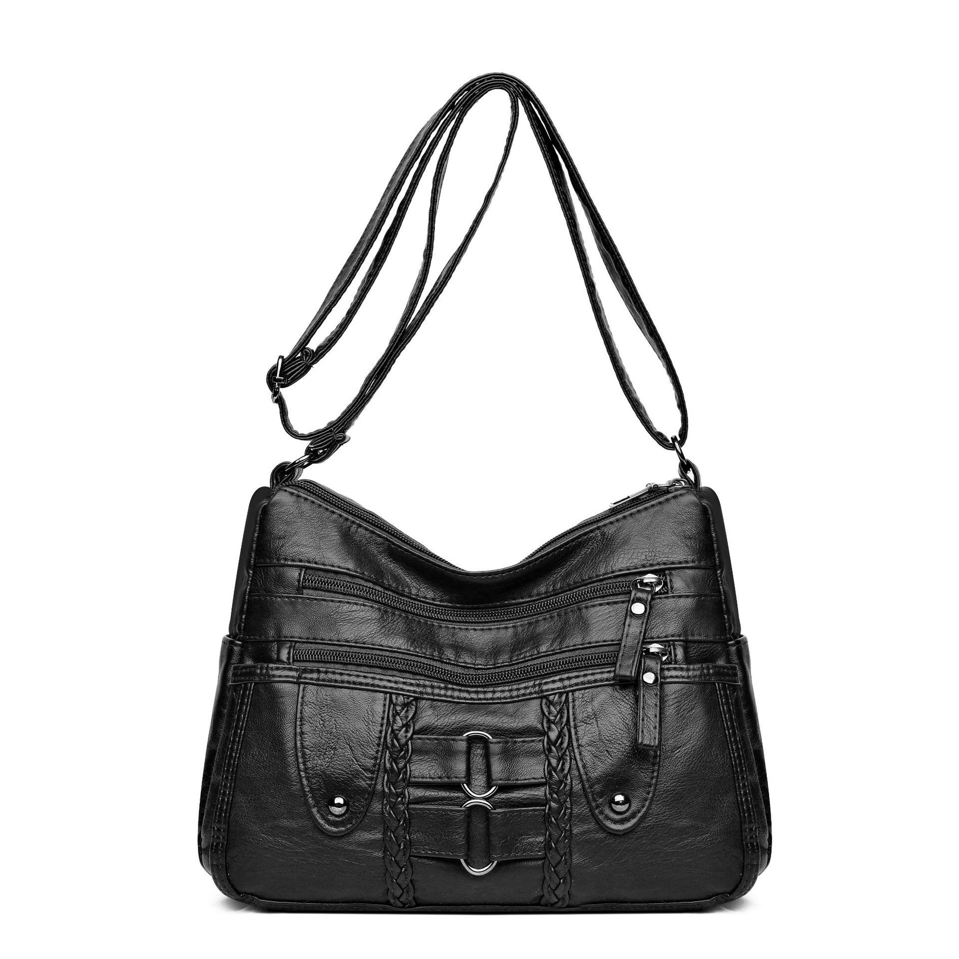 

Женская сумка через плечо из плетеной искусственной кожи, большая вместимость, сумки на молнии, модная простая дорожная сумка через плечо чёрный