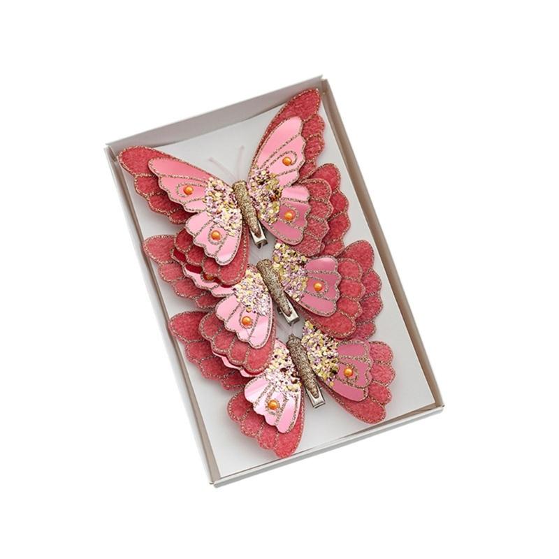 Pack Of 3 Double Layer Butterfly Christmas Tree Clip Accessory Elegant Fabric Ornament For Holiday Decorations