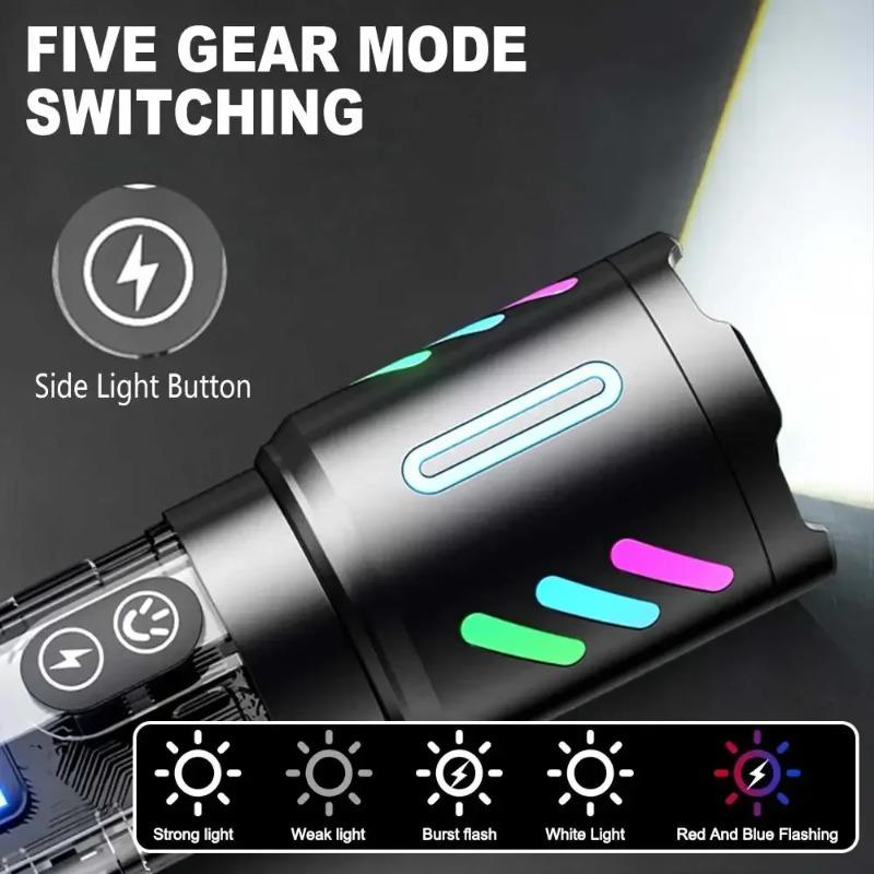 1800mAh Laser Lamp Beads LED Flashlight Type-C Charging Zoom Emergency Tactical Handheld Light Multi Functional Outdoor Hiking Camping