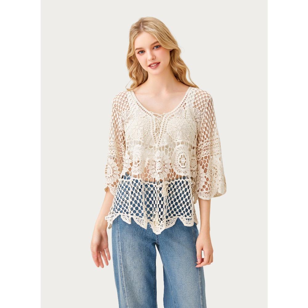 DIMANAF 2026 New Tees Summer Women Beach T-Shirt Basic Fashion Tops Lace Tees Casual Loose White