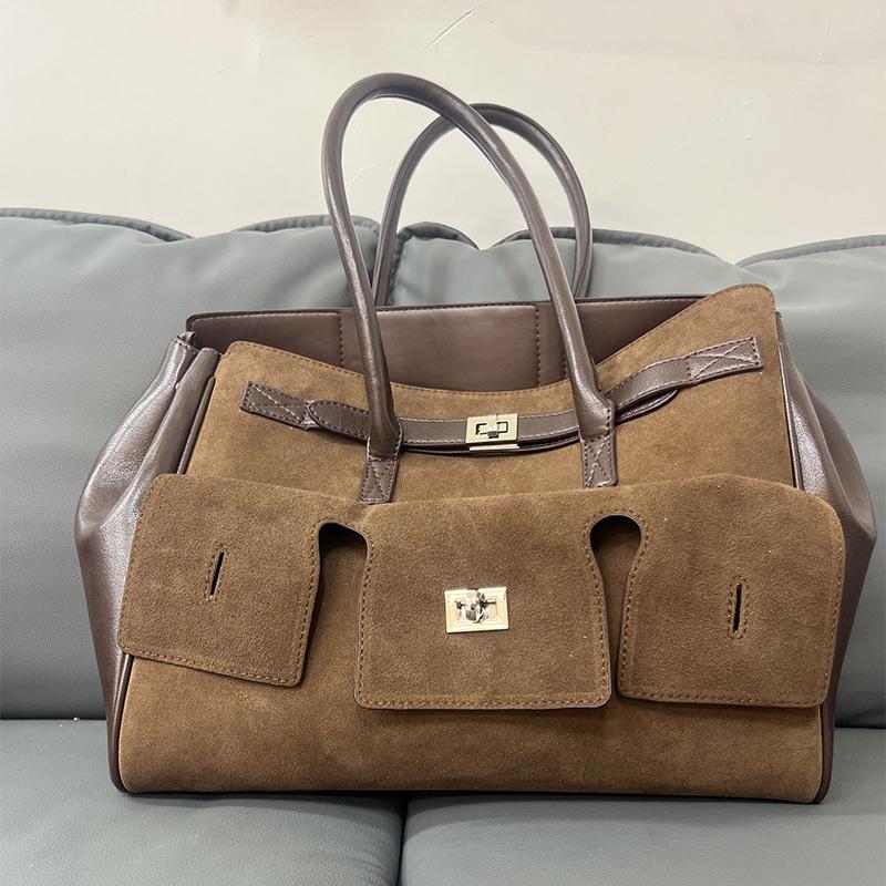 

Brand Lock Tote Bag For Women Frosted Brown Leather Patchwork Shoulder Bag Versatile Large Capacity Handbag Travel Storage Bags