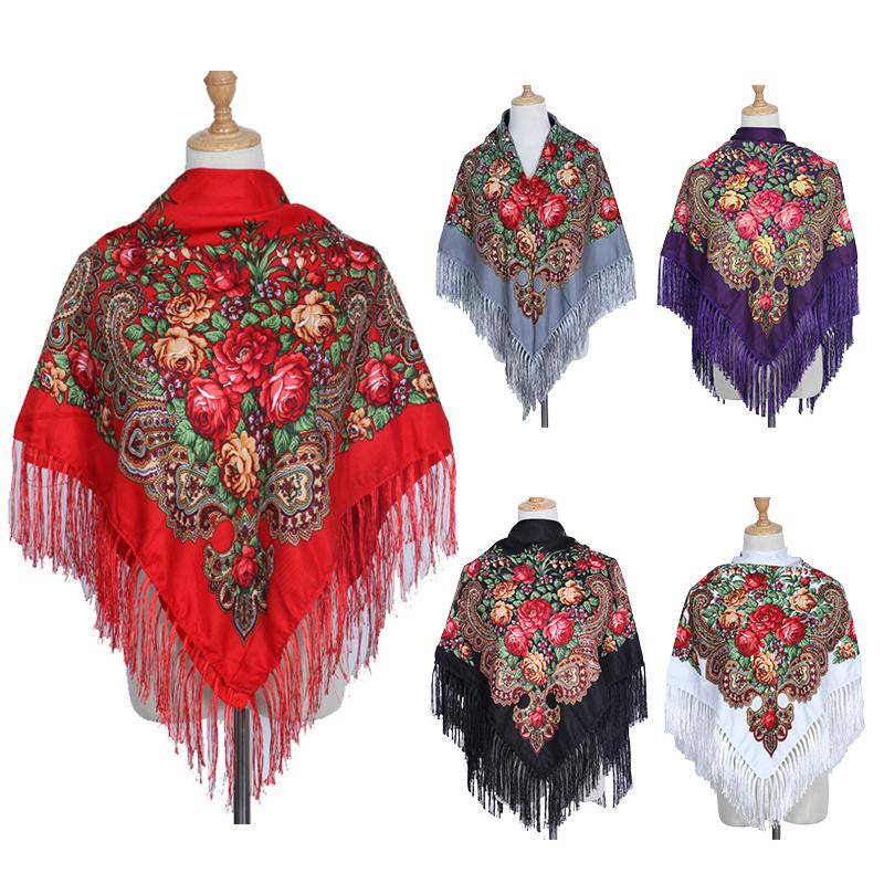 90*90Cm Ethnic Style Headscarf Square Scarves For Women Retro Peony Flower Print Fringed Shawl Handkerchief Cotton Head Wraps