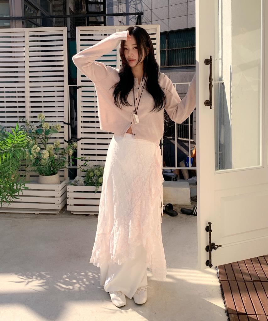 Minssio Frill Lace Wrap Skirt_Peach