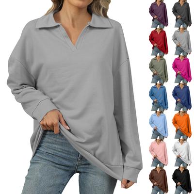 Damenmode Übergroßes einfarbiges V-Ausschnitt Sweatshirt Langarm Casual Oberteil