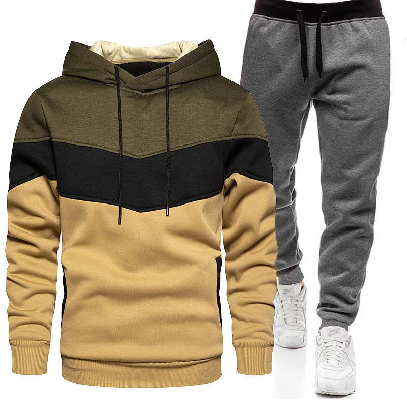 Sports Suit Men's Plus Loose Hooded Sweatshirt Sweatpants Color Blocked 2-piece Set Light Panel