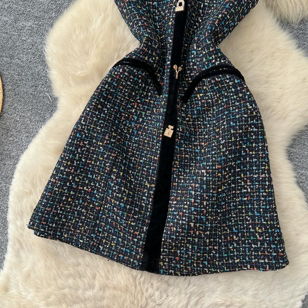 Women's Tweed Sleeveless A-Line Dress Fall 2026 Elegant and Sophisticated Black High-Waisted A-Line Spaghetti-Strap Mini Dress