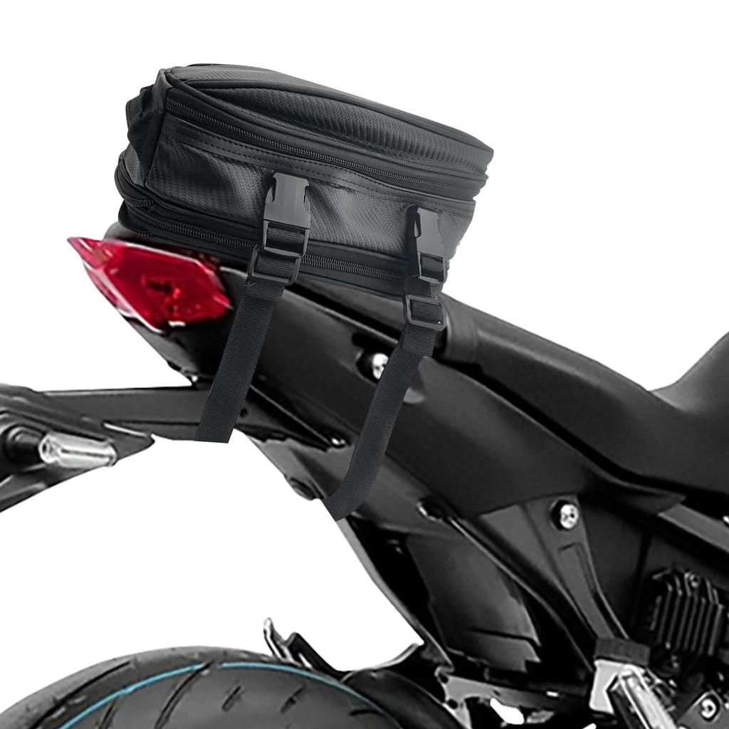 Socpuro Motorcycle Seat with Rain Small Touring Adjustable Capacity Up To Shell Seat Nylon PU Tail Compact Motorcycle Bag with Fixed and Durable Bag,