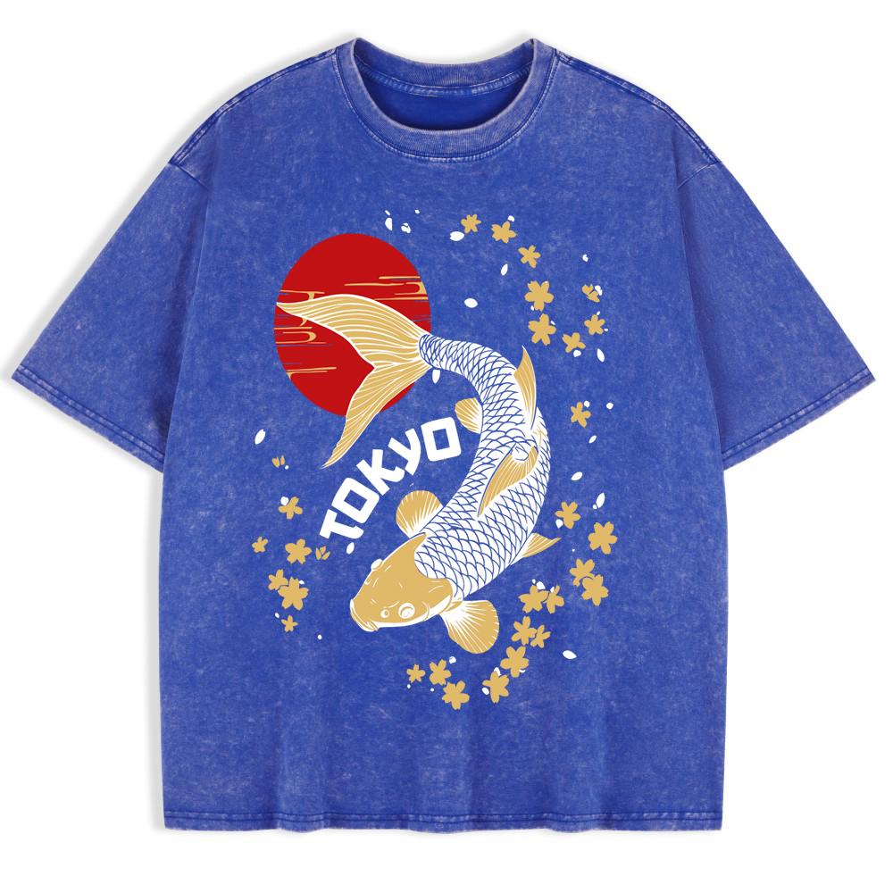 Japanese Koi Harajuku Printed Washed T-Shirts Mens Cotton Oversize T Shirt Casual O-Neck Short Sleeve Tops Summer Clothes