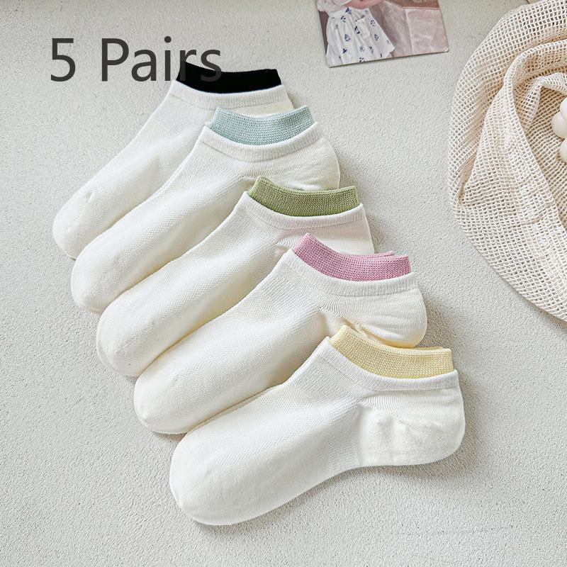 5 Pairs of Boat Socks, Women's Summer Thin Color-blocked Short Socks, Mesh Boneless Dopamine Cotton Socks, Summer Breathable Short Socks, Trendy