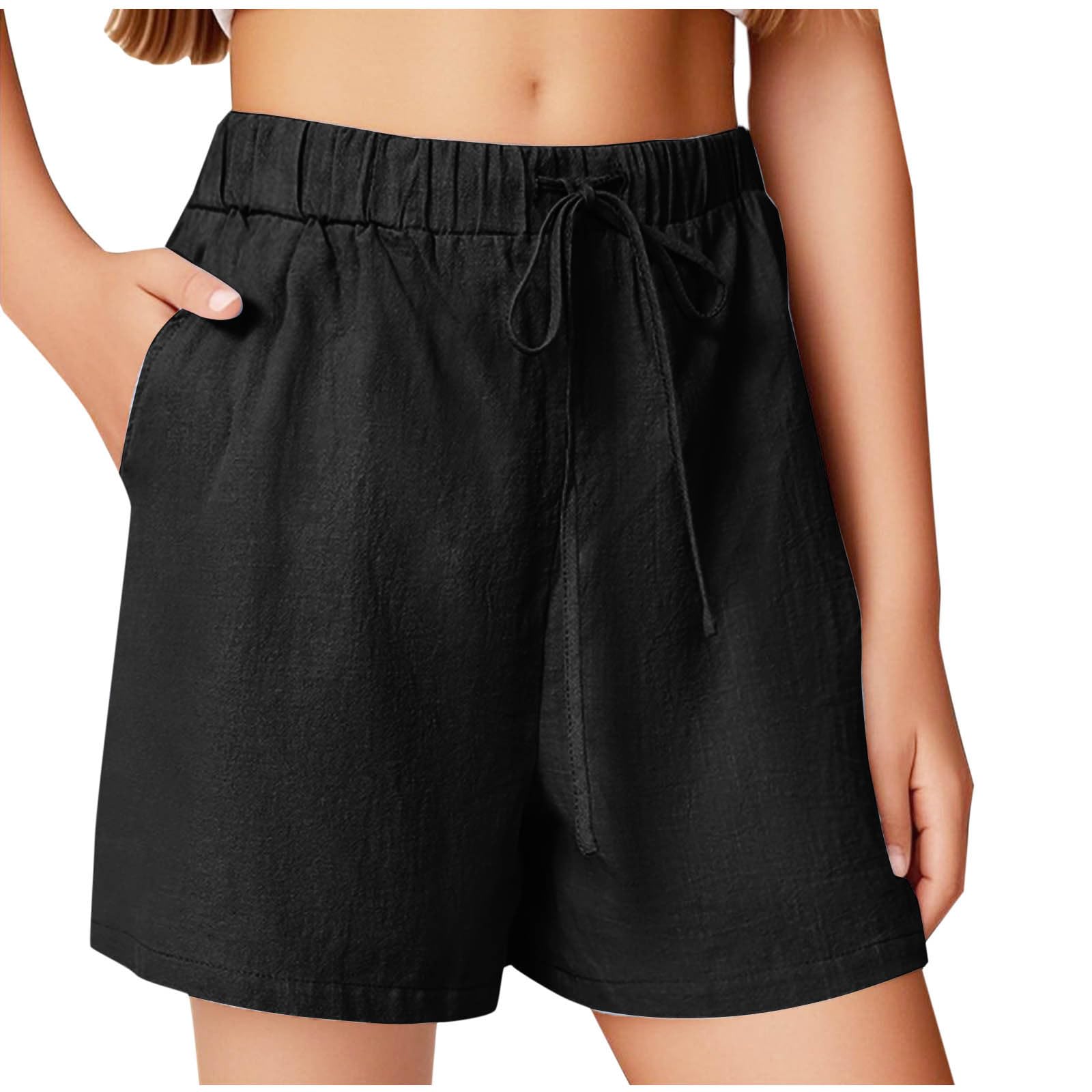 

Girl s Summer -Color Belt Pocket Pocket Padded Waist Sports Casual Shorts 110 чёрный