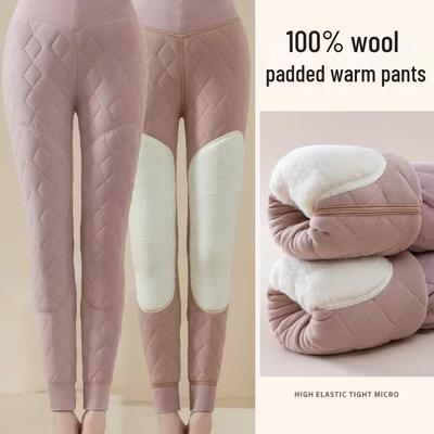 Women's Plus Size Lambswool-Cotton Warm Pants with Wool Knee Support and Fleece Base Layer for Autumn/Winter