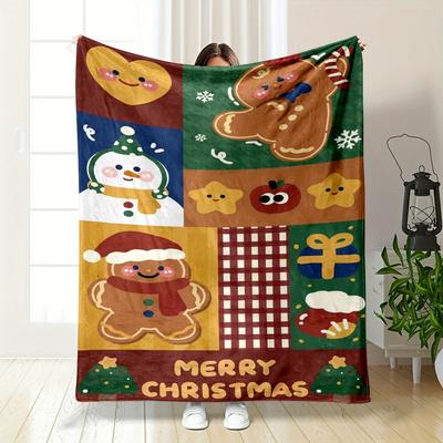 Cute Christmas Theme with Gingerbread Characters Flannel Blanket for Bedroom, Living Room, Sofa, and Nap