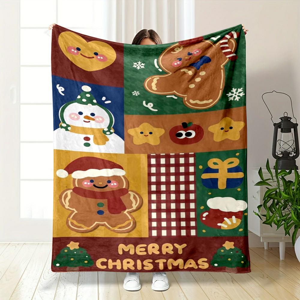 Cute Christmas Theme with Gingerbread Characters Flannel Blanket for Bedroom, Living Room, Sofa, and Nap