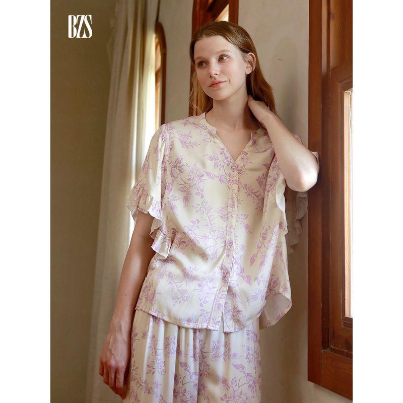 25 Summer Rayon Satin Comfortable Romantic Purple Print Butterfly Sleeve Short sleeve Trousers Can Be Worn outside Homewear Set