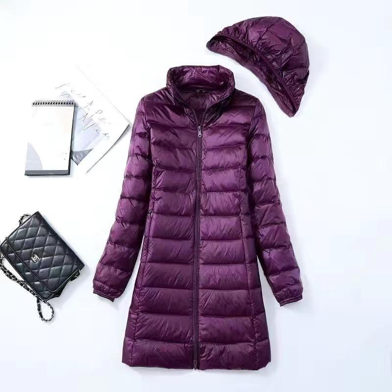 Autumn and winter new light and thin women's down jackets Pinghu medium and long light white duck down jackets detachment caps plus size