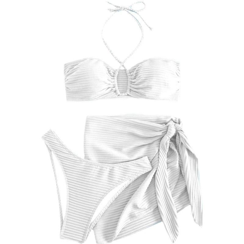 European & American Women's Solid Color Sexy Bikini Three-Piece Set: Pure Desire Backless Style Swimsuit.