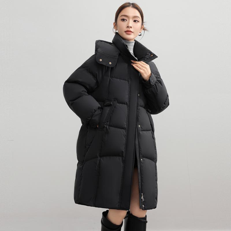 New Down Jacket Women's Winter Thermal Clothing Medium and Long Loose Duck Down Hooded Thermal Jacket Feeling