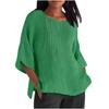 Seven Quarter Sleeve Pleated Round Neck Top Cotton and Linen Women’s Blouses & Shirts