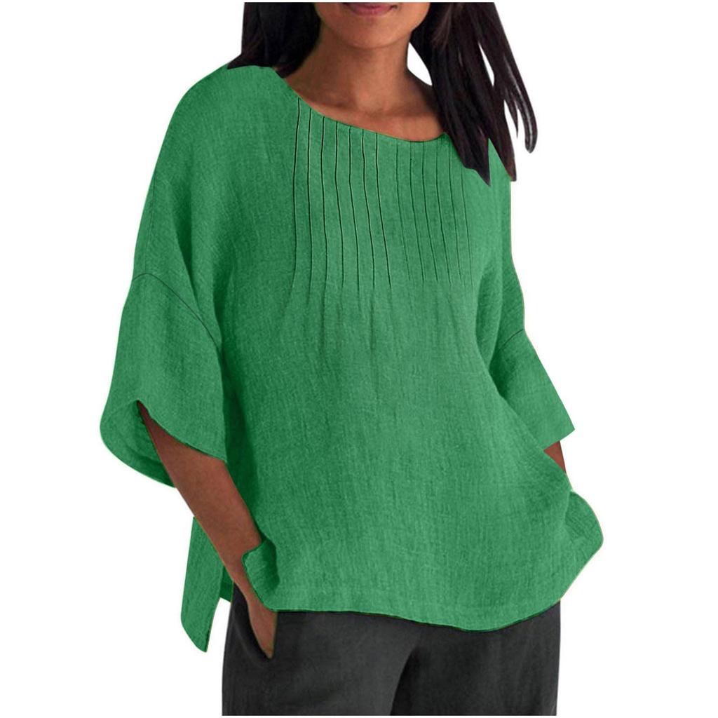 Seven Quarter Sleeve Pleated Round Neck Top Cotton and Linen Women’s Blouses & Shirts