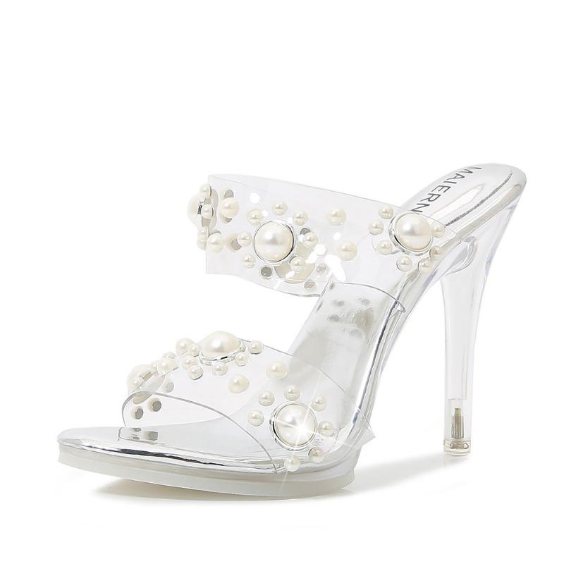 

Новые сексуальные прозрачные туфли на высоком каблуке, женские туфли на тонком каблуке, сандалии с жемчугом и стразами, с юбкой, темпераментные, Muse Fan 43 серебряный