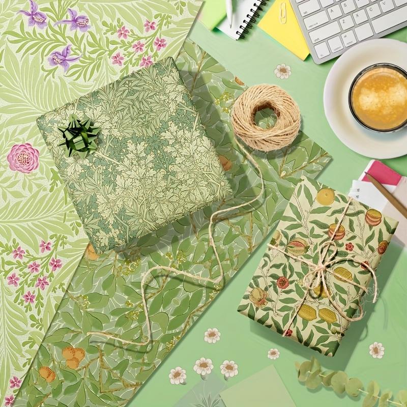 12 Stück/Set Vintage Blumen Geschenkpapier - 50,8-68,58cm, Elegante Grüne & Goldene Blumenmuster mit Schmetterlingen & Früchten