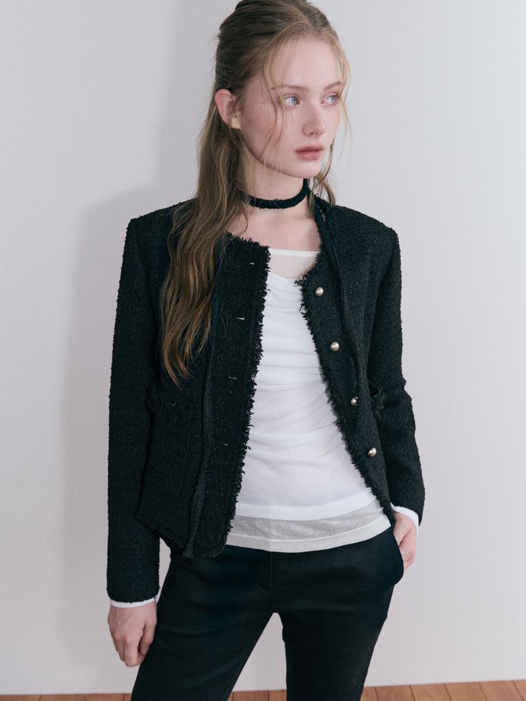 ETMON Fringe Strap Tweed Jacket, Black