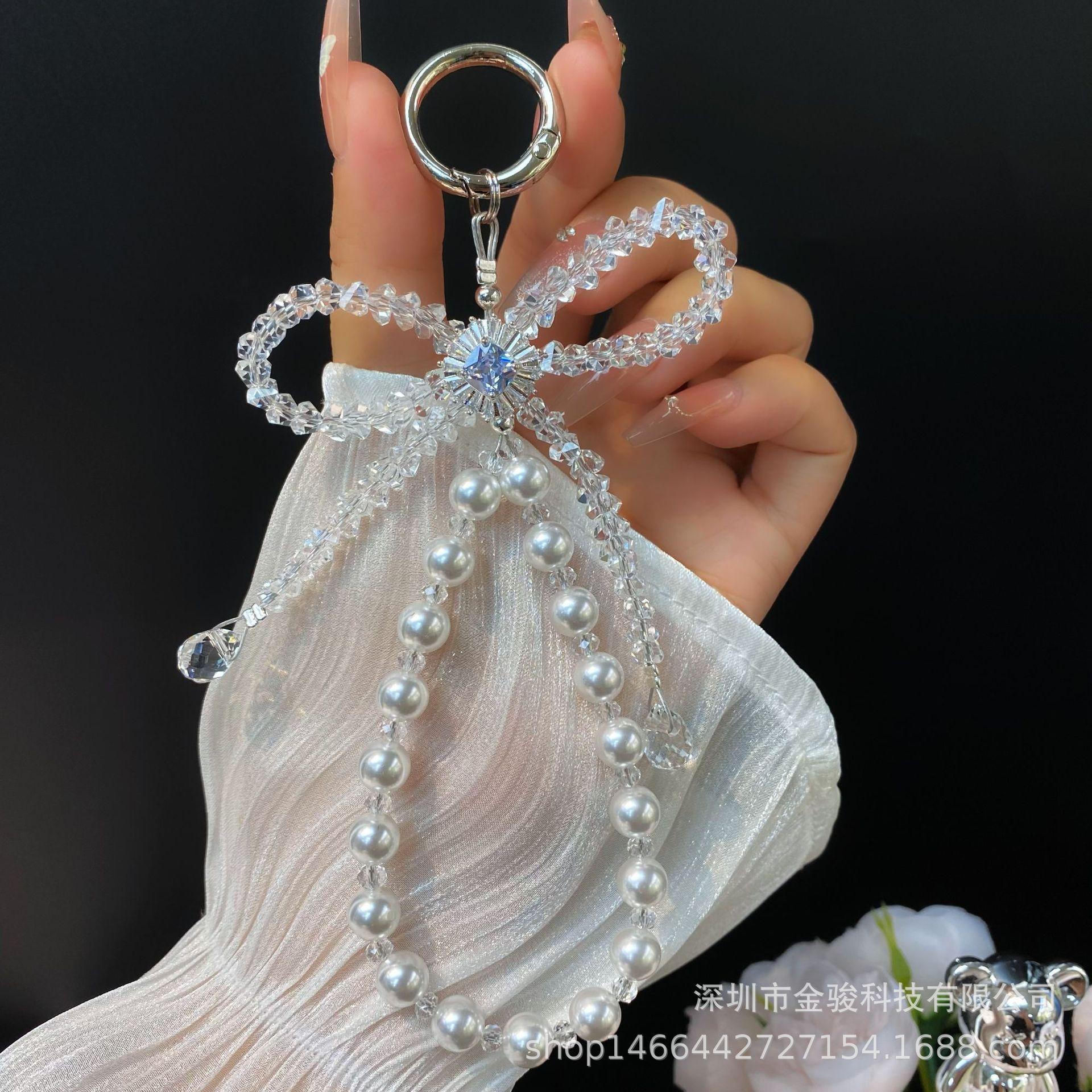 New Pearl Phone Chain Crystal Bow Zircon Pendant High-End Elegant Phone Strap Short Keychain белый