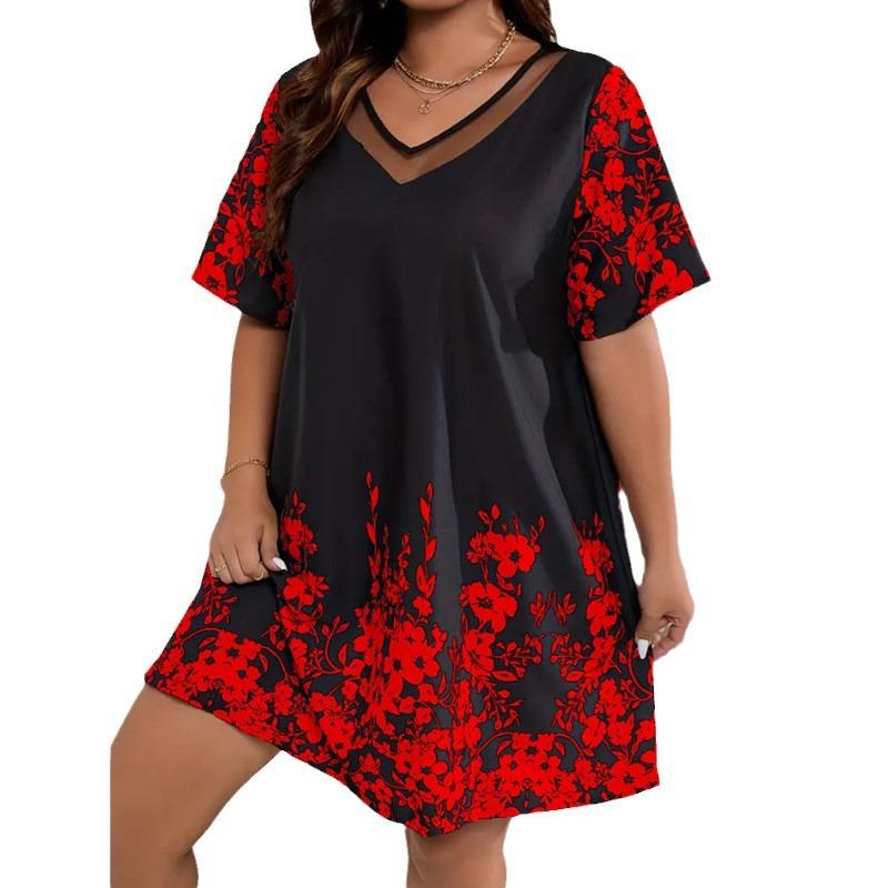 IHUASU Plus Size Women's Loose Comfortable Casual Positioning Printed Spell Mesh Short Sleeve Dresses