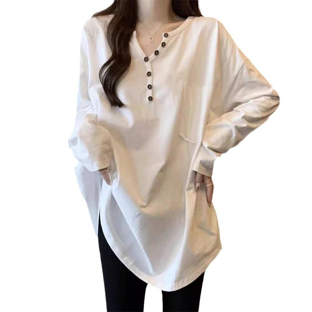 2026 Spring White Cotton Slimming Long-Sleeve Top with Half-Button Collar