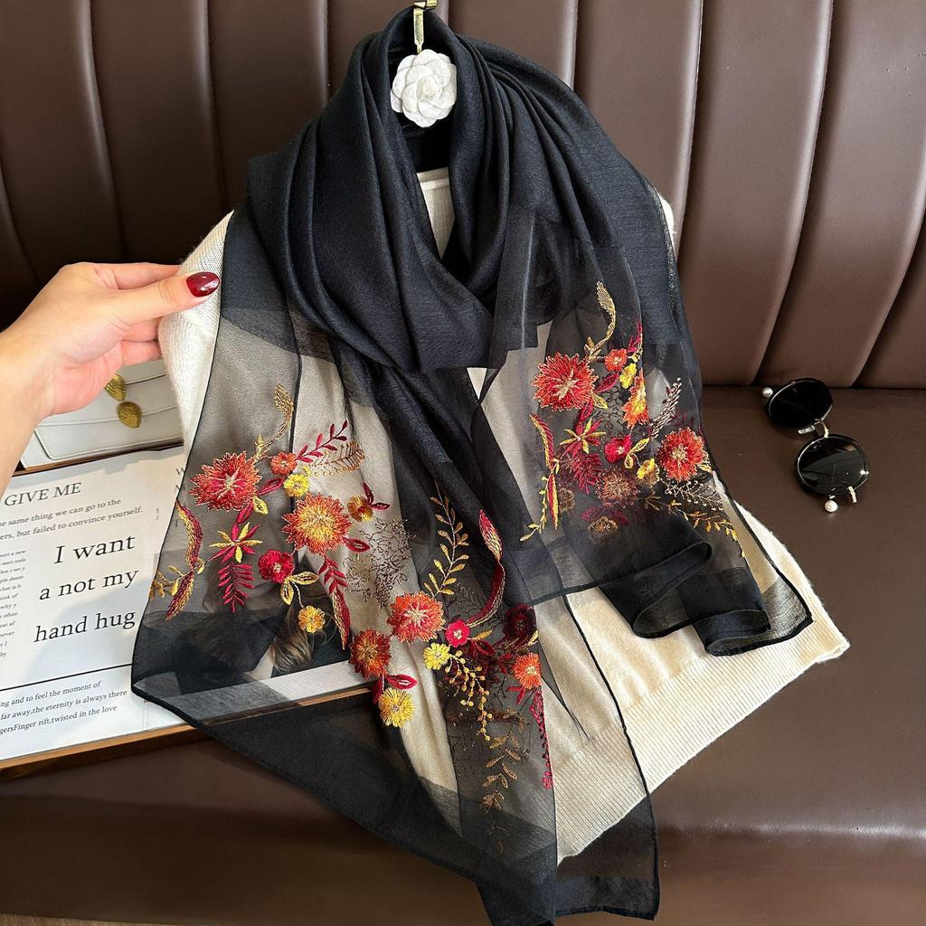 New silk wool scarf Shawls Wraps Women Floral Embroidery Foulard Headkerchief Pashmina Poncho Scarves Headband Hijab Bandana