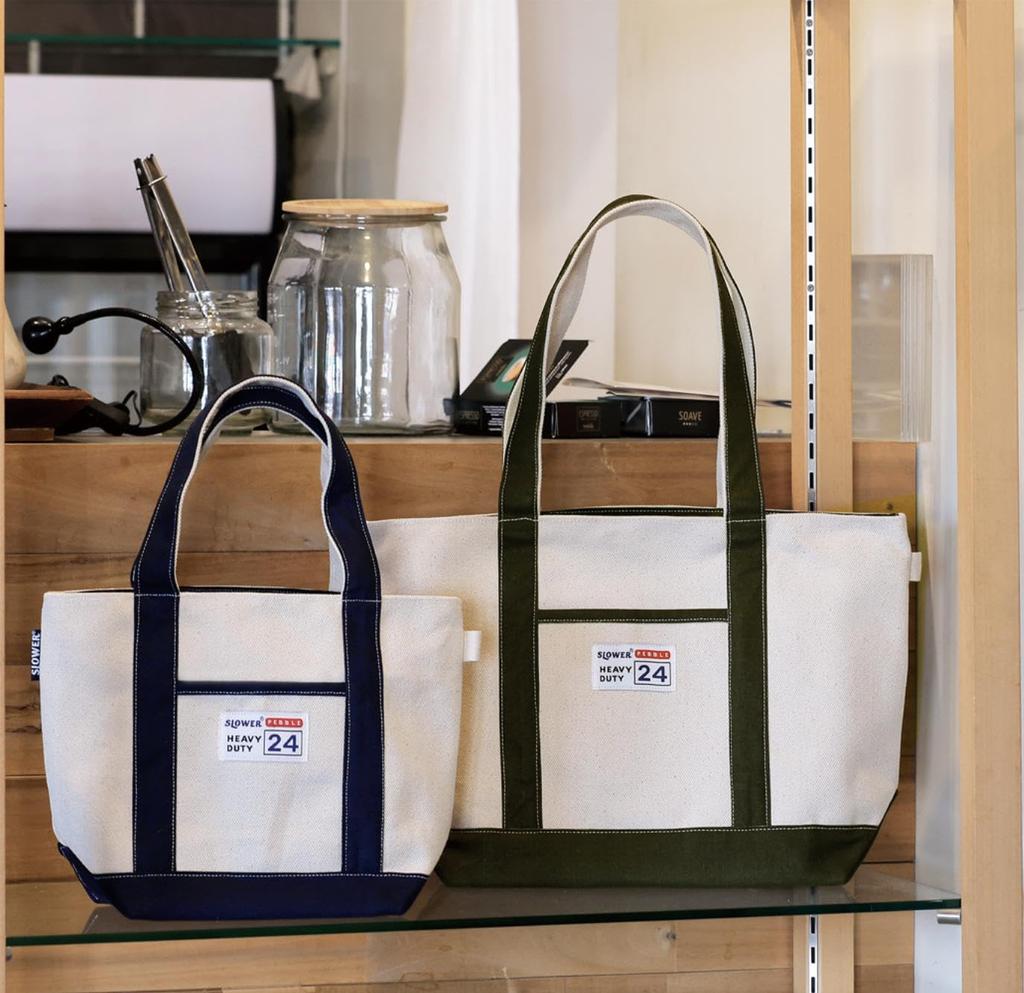 Thrower PEBBLE CANVAS TOTE BAG, 24oz, Heavyweight, Freestanding, Canvas, Off-White, Cotton, Stylish, Women's and Men's, Navy, Large, 4830 SLW586